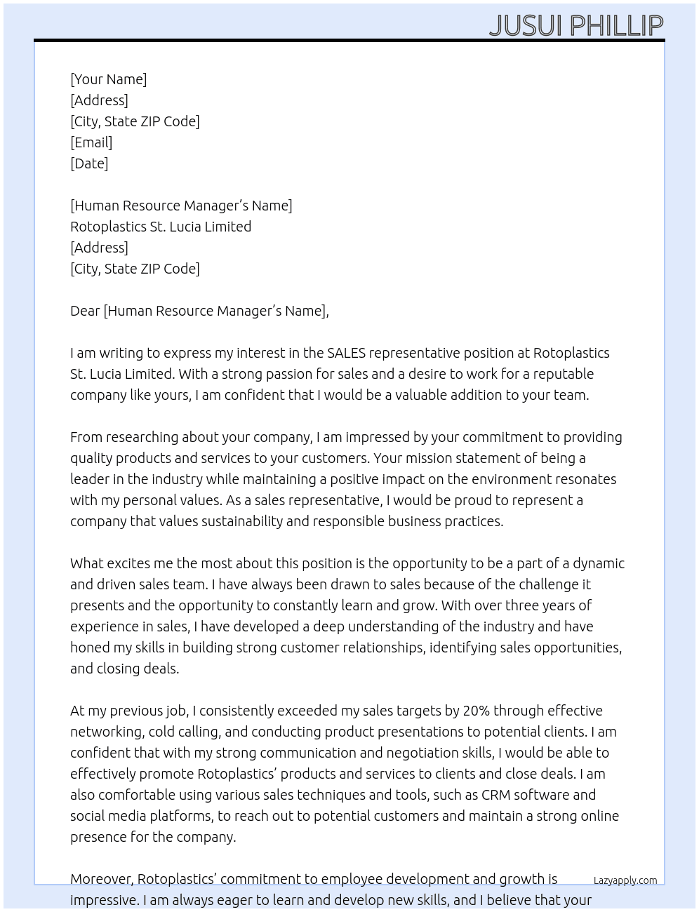 SALES representative  At Rotoplastics St .Lucia Limited  Cover Letter