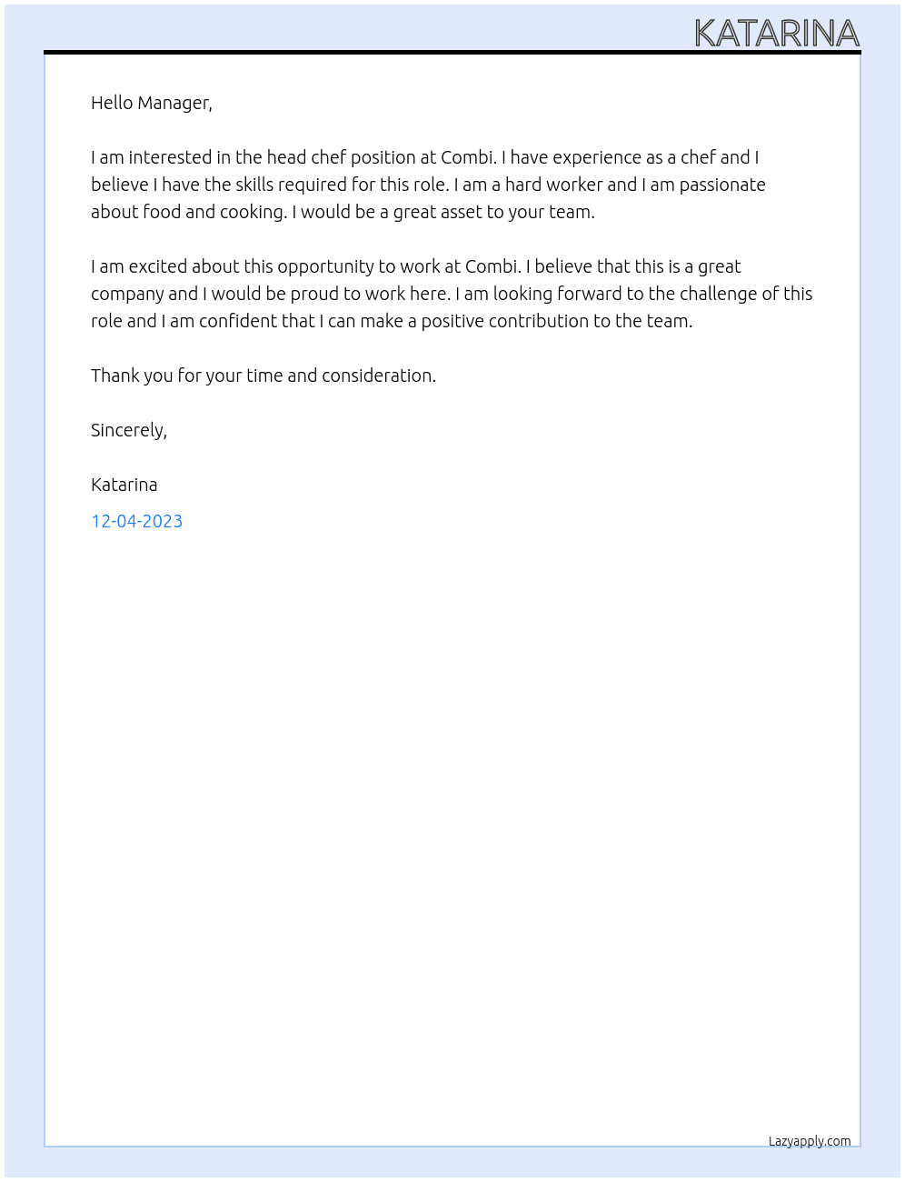Chef At Combi Cover Letter