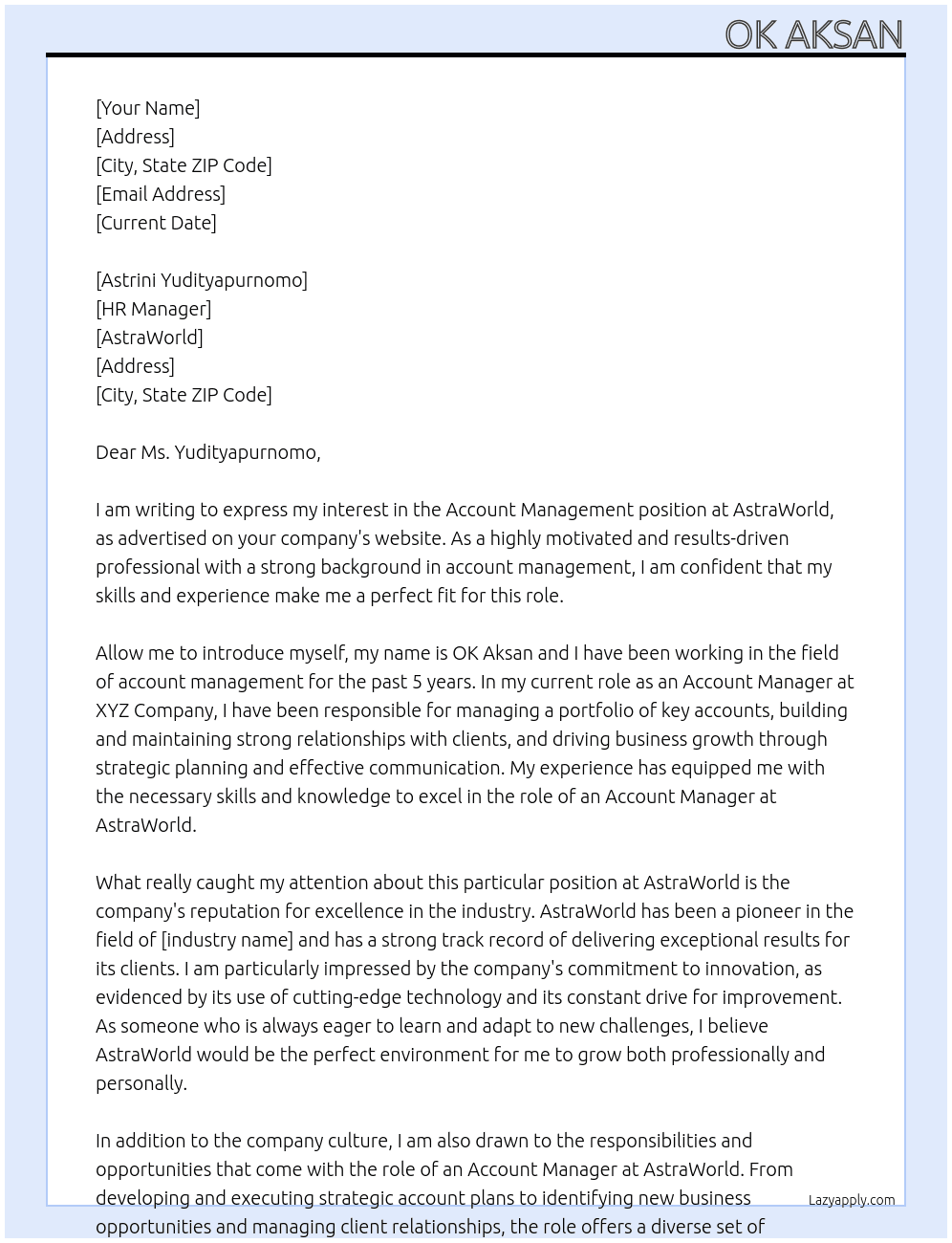 Account management At AstraWorld Cover Letter