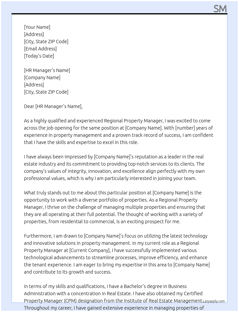 Regional Property Manager At fre Cover Letter