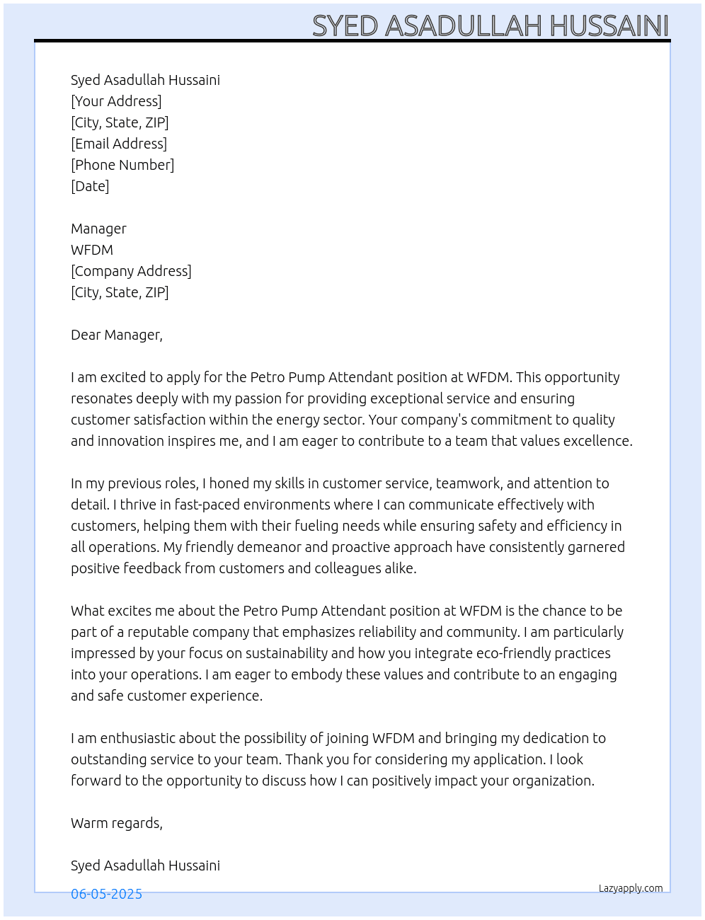 Petro pump attendant At WFDM Cover Letter
