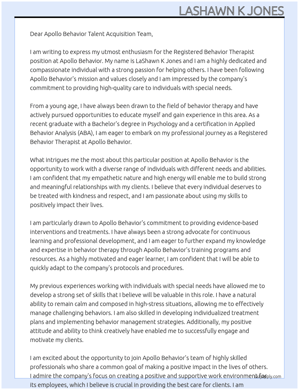 Registered Behavior Therapist At Apollo Behavior Cover Letter