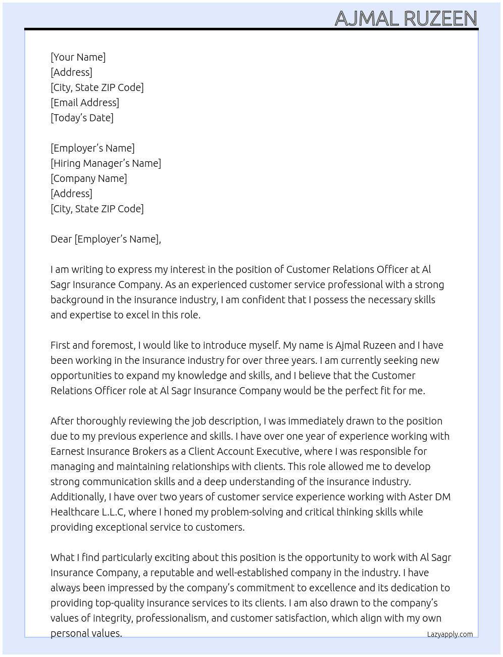 CUSTOMER RELATIONS OFFICER At AL SAGR INSURANCE COMPANY Cover Letter