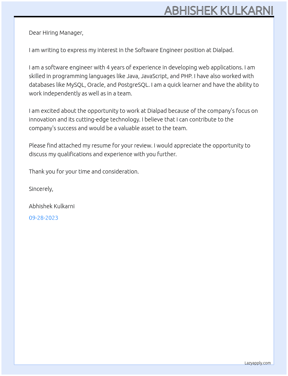 Software Engineer At Dialpad Cover Letter