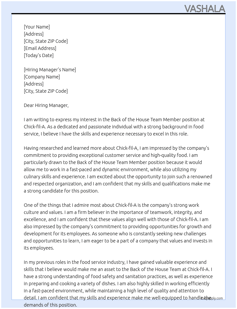 Back of the house team member At chick-fil-a Cover Letter