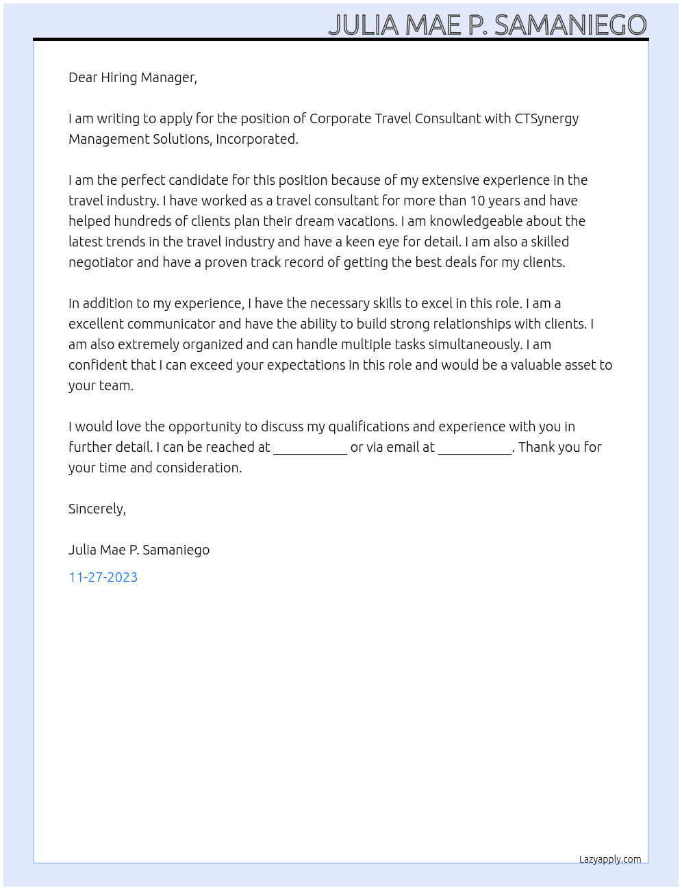 Corporate Travel Consultant At CTSynergy Management Solutions, Incorporated Cover Letter