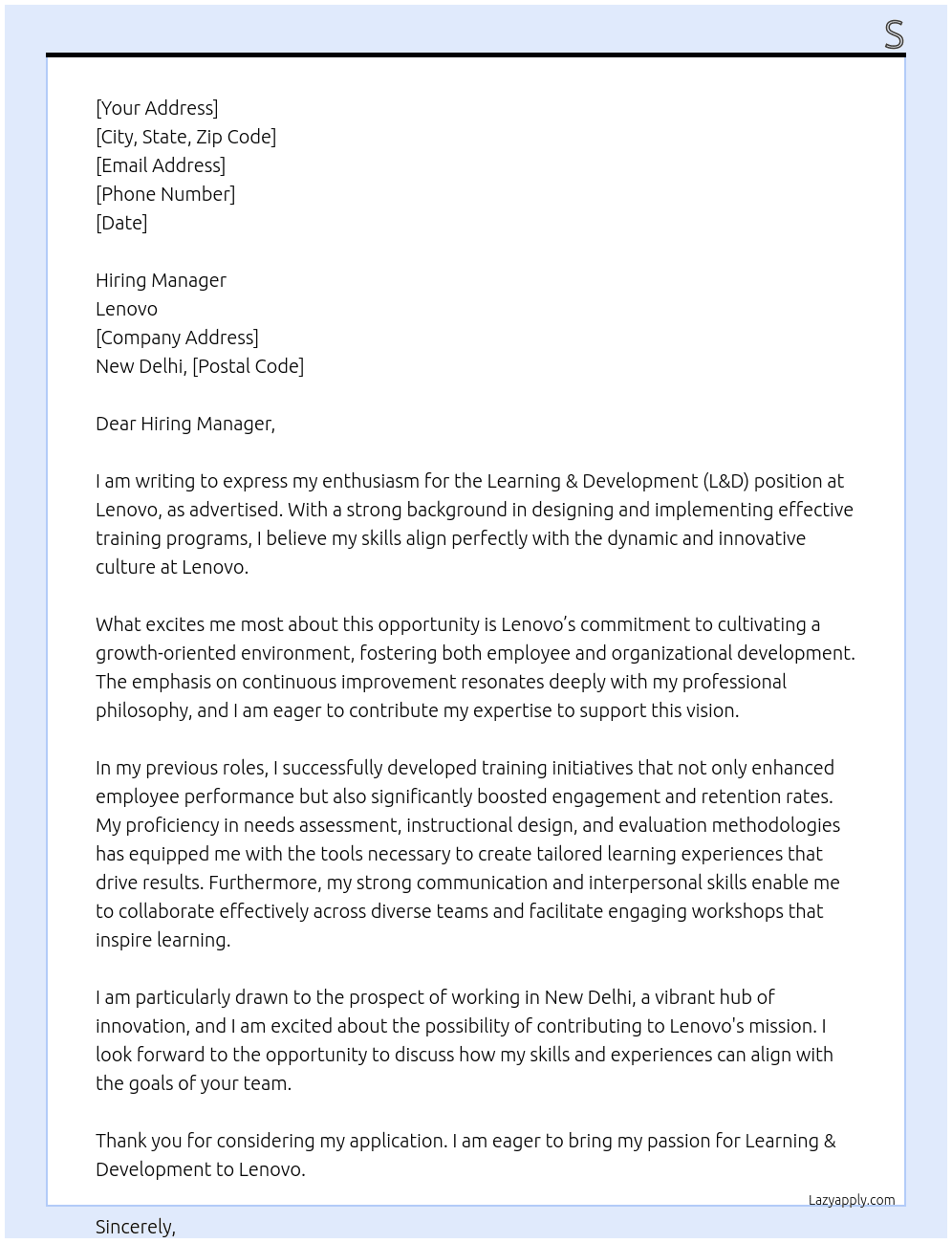 L&D At Lenovo Cover Letter