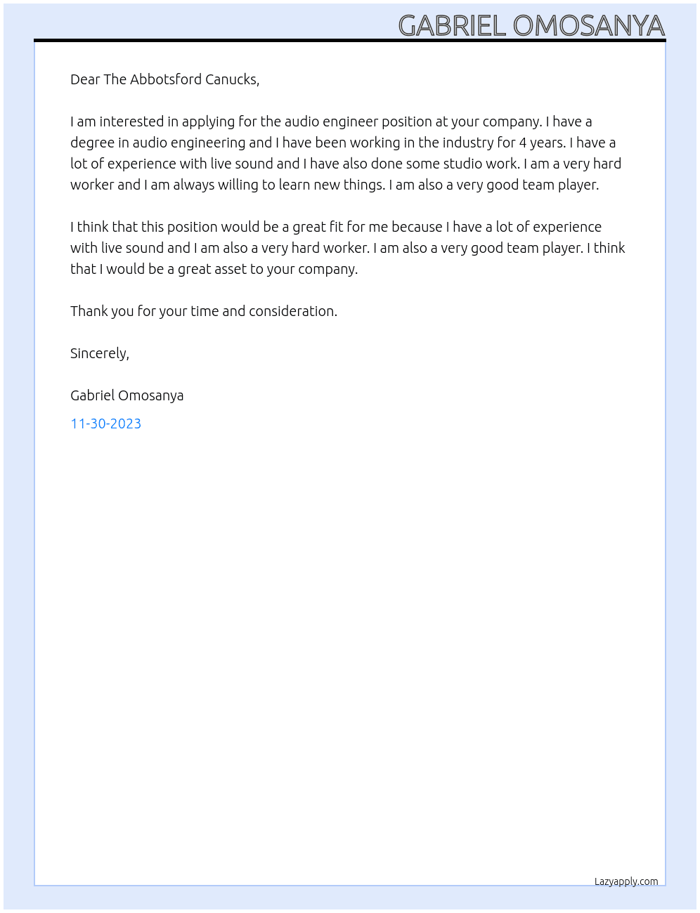 Audio Engineer At The Abbotsford Canucks  Cover Letter