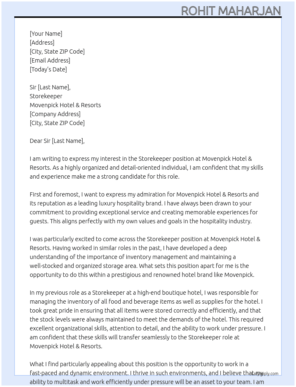 Storekeeper At Movenpick hotel &  resorts Cover Letter