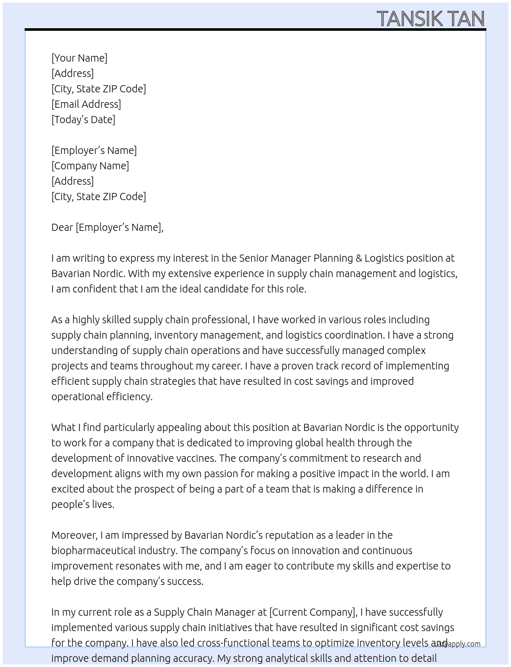 SENIOR MANAGER PLANNING & LOGISTICS At Bavarian Nordic Cover Letter