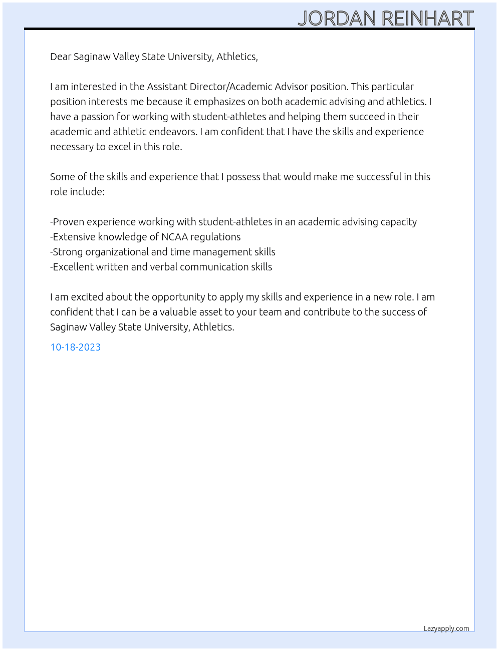 Assistant Director/Academic Advisor At Saginaw Valley State University, Athletics Cover Letter