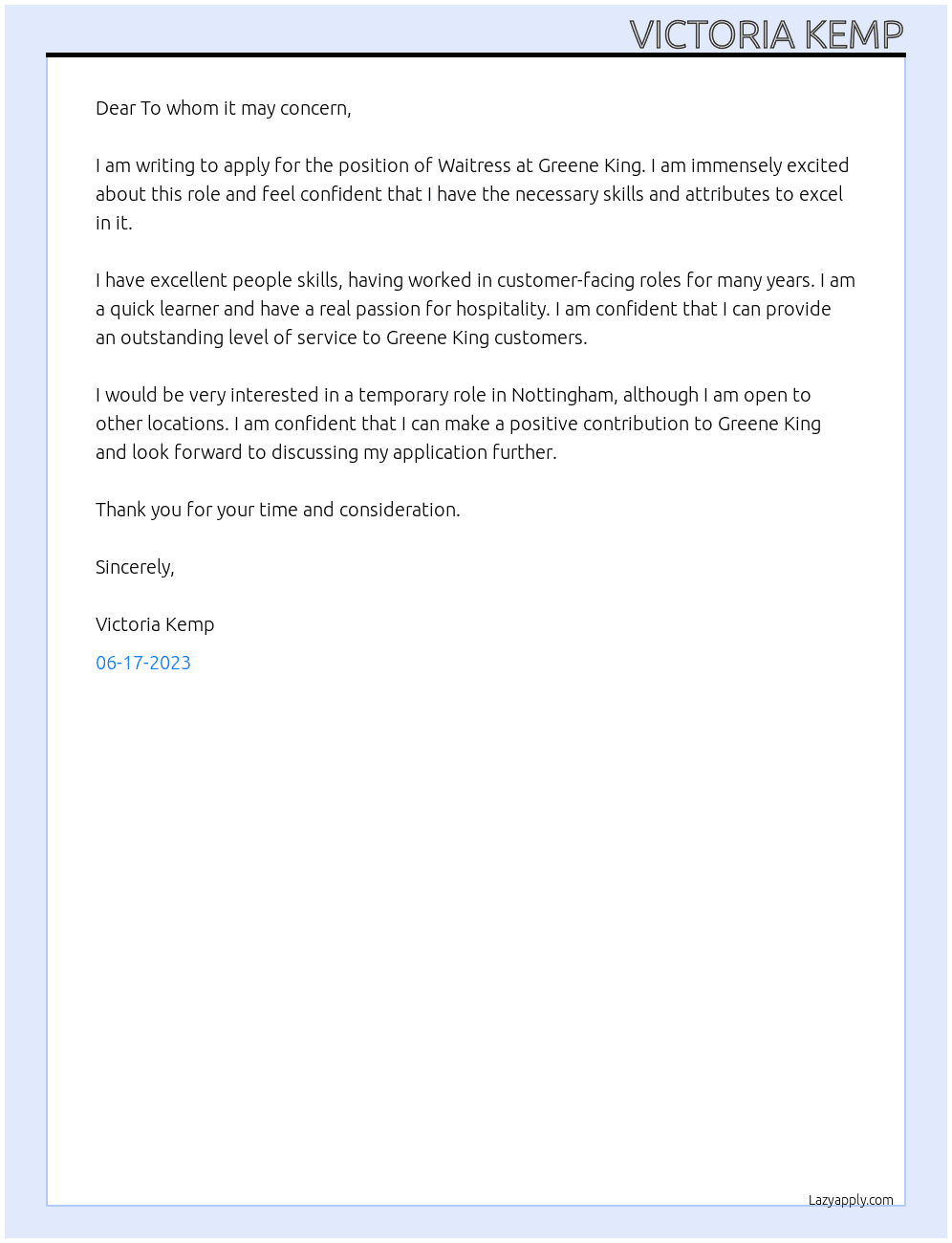 Waitress At Greene King Cover Letter