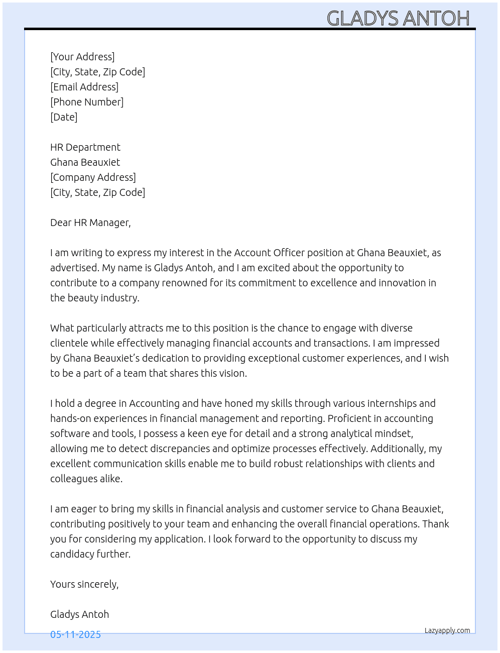 Account officer  At Ghana beauxiet Cover Letter