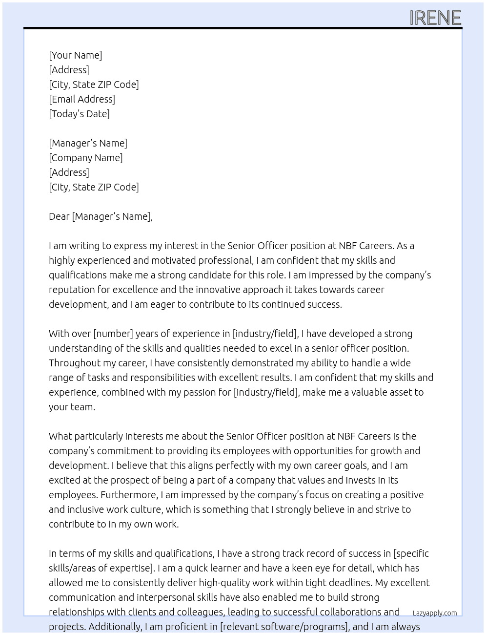 senior officer At nbf careers Cover Letter
