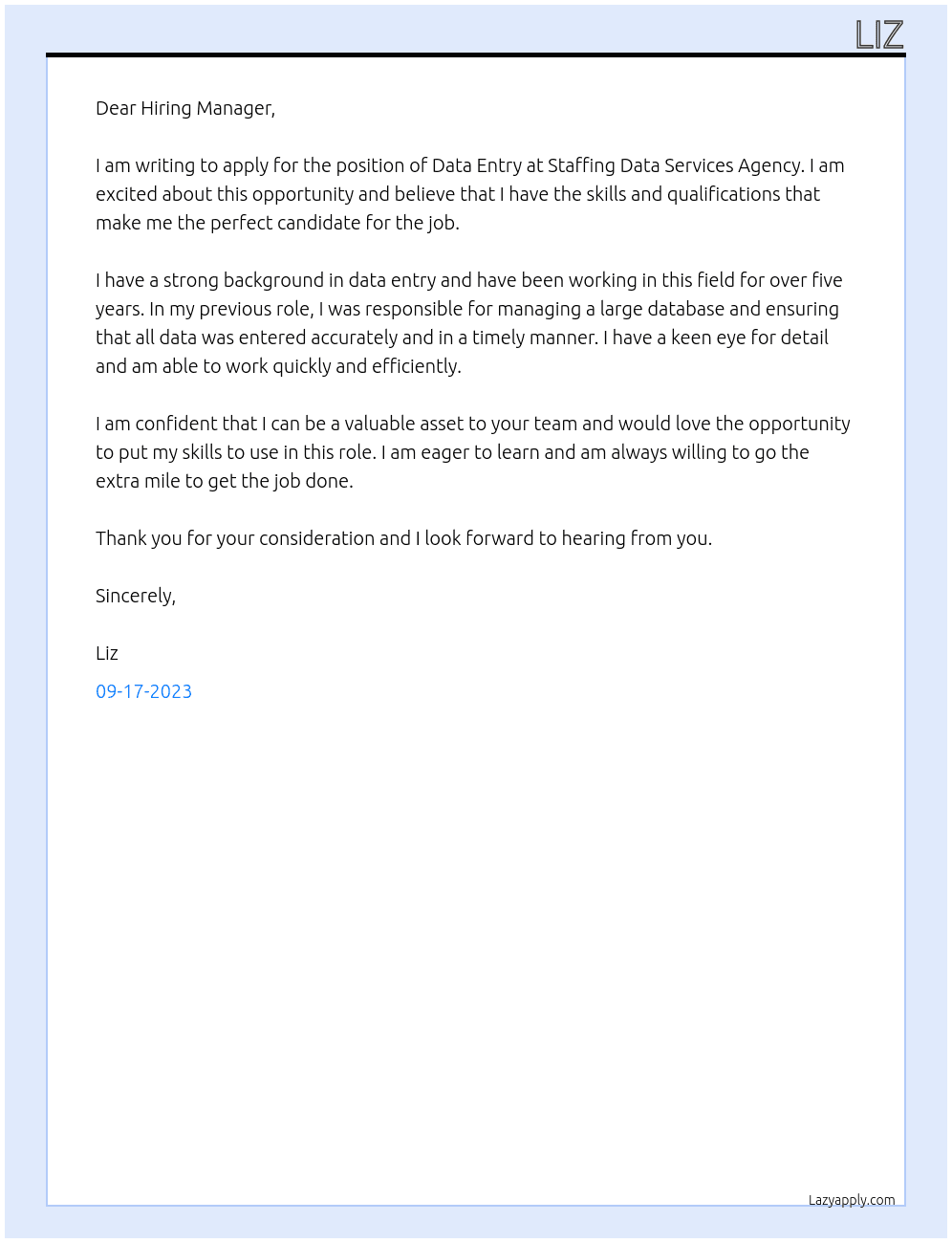 Data entry At Staffing Data Services Agency Cover Letter