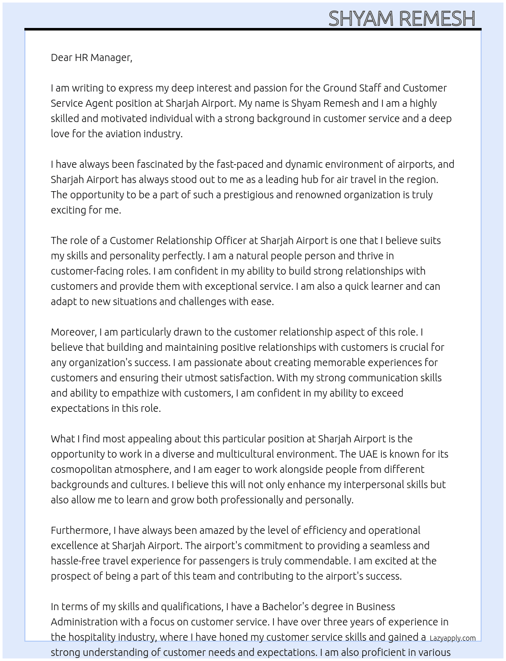 Ground staff and Customer service agent  At Sharjah Airport  Cover Letter