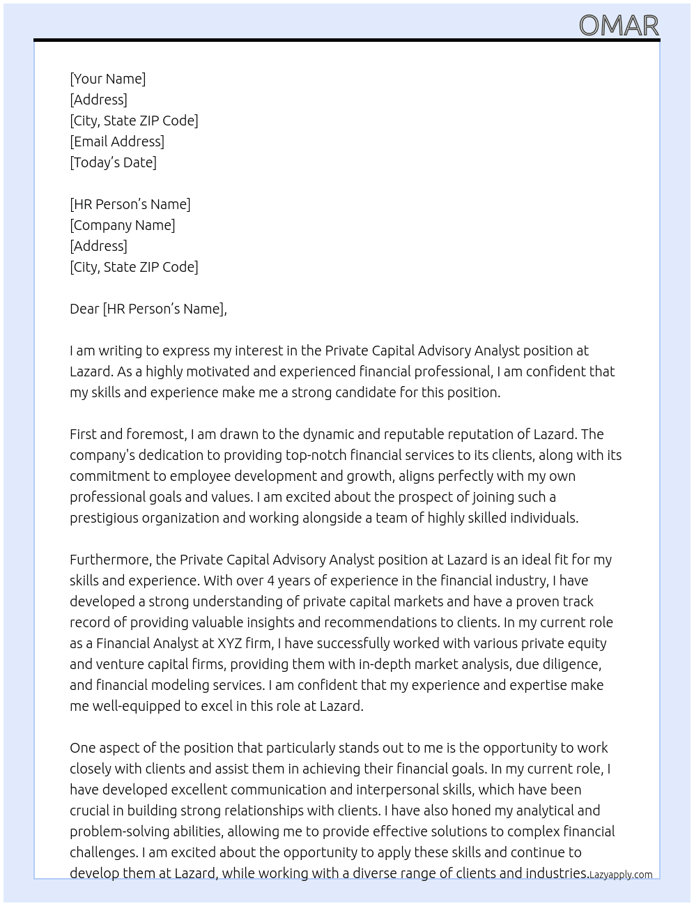 Private Capital Advisory Analyst At Lazard Cover Letter
