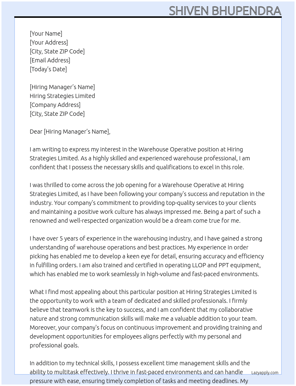 Warehouse operative  At Hiring Strategies Limited Cover Letter