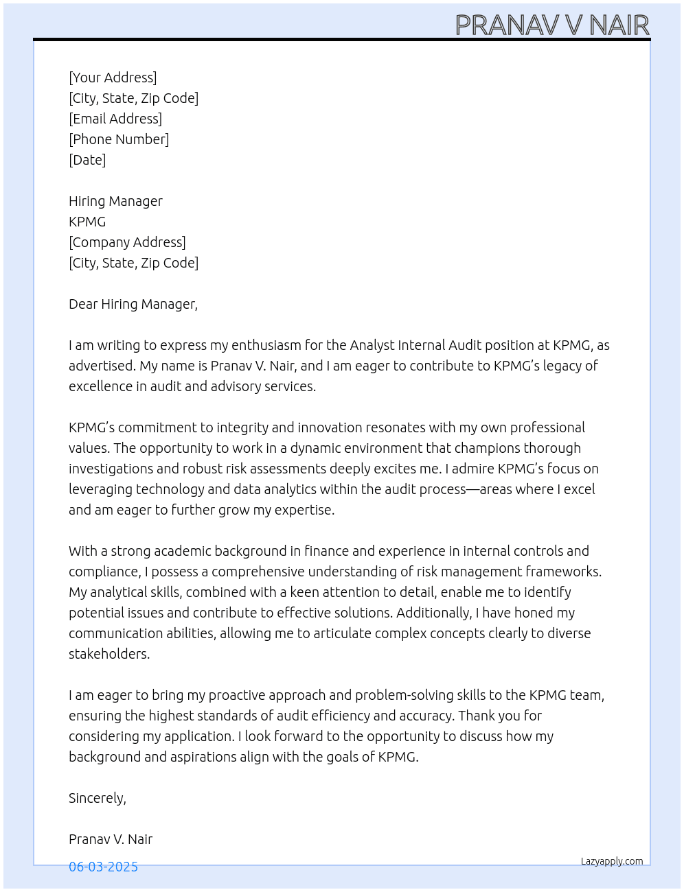 analyst internal audit At KPMG  Cover Letter