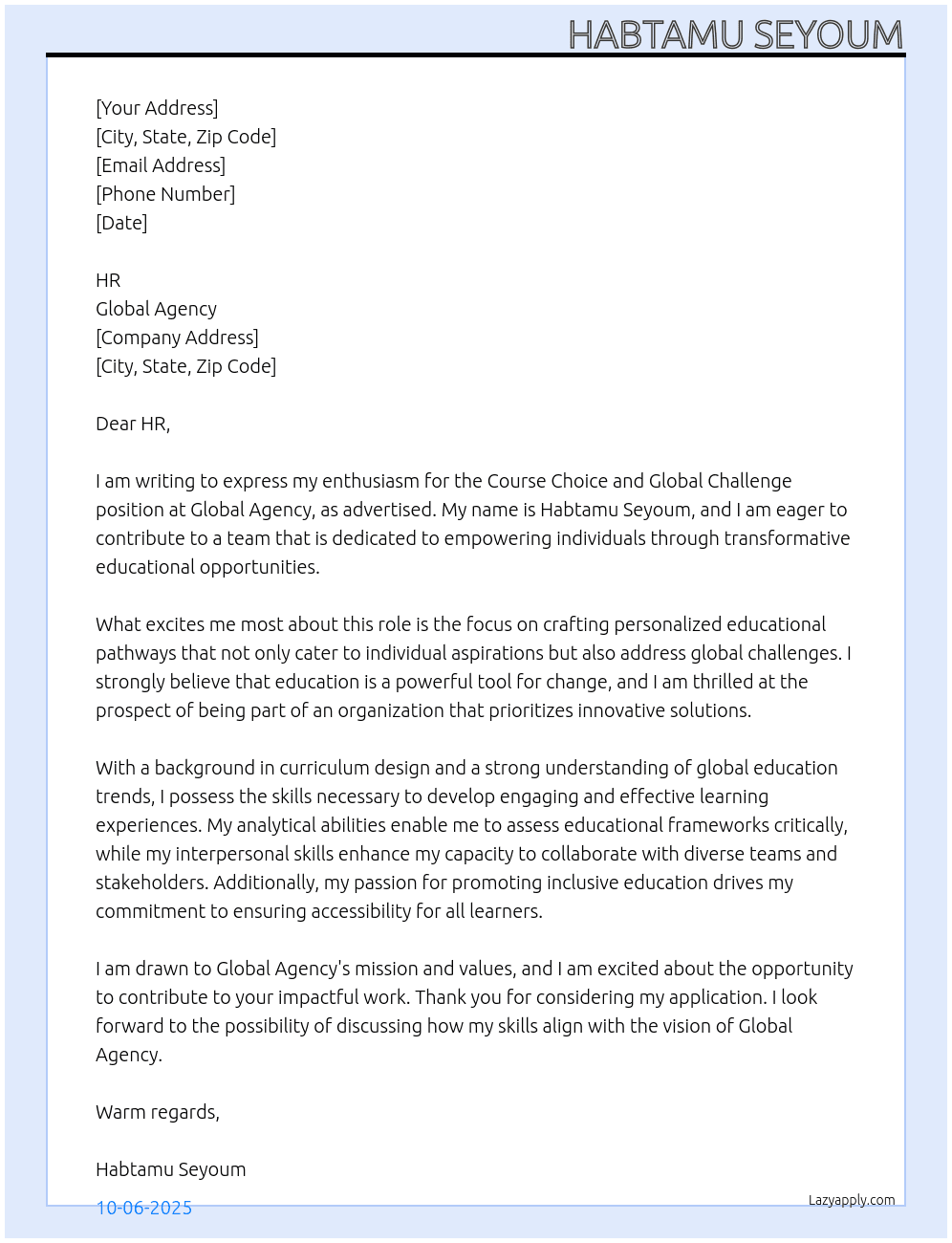 Course Chioce and Global Challenge At Global agency Cover Letter