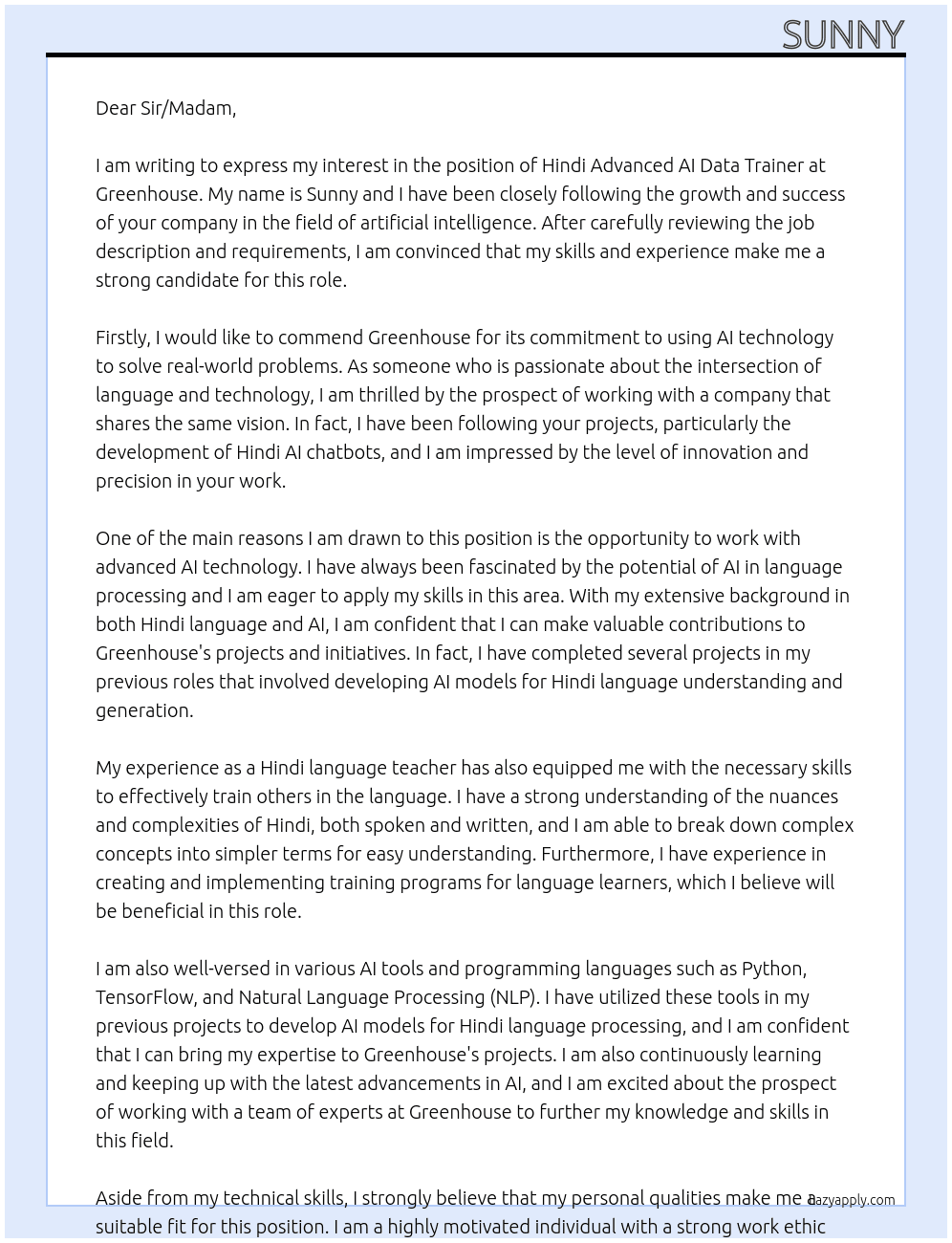 hindi advanced ai data trainer At greenhouse Cover Letter