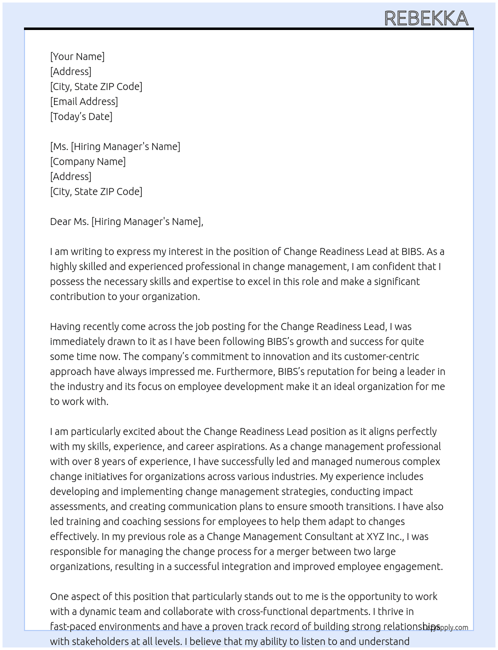 Change Readiness Lead At BIBS Cover Letter