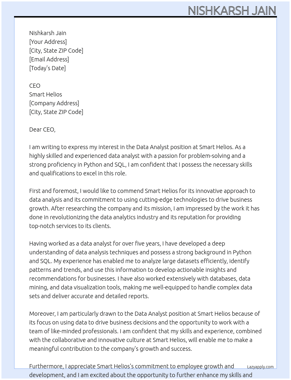 data analyst At smart helios Cover Letter