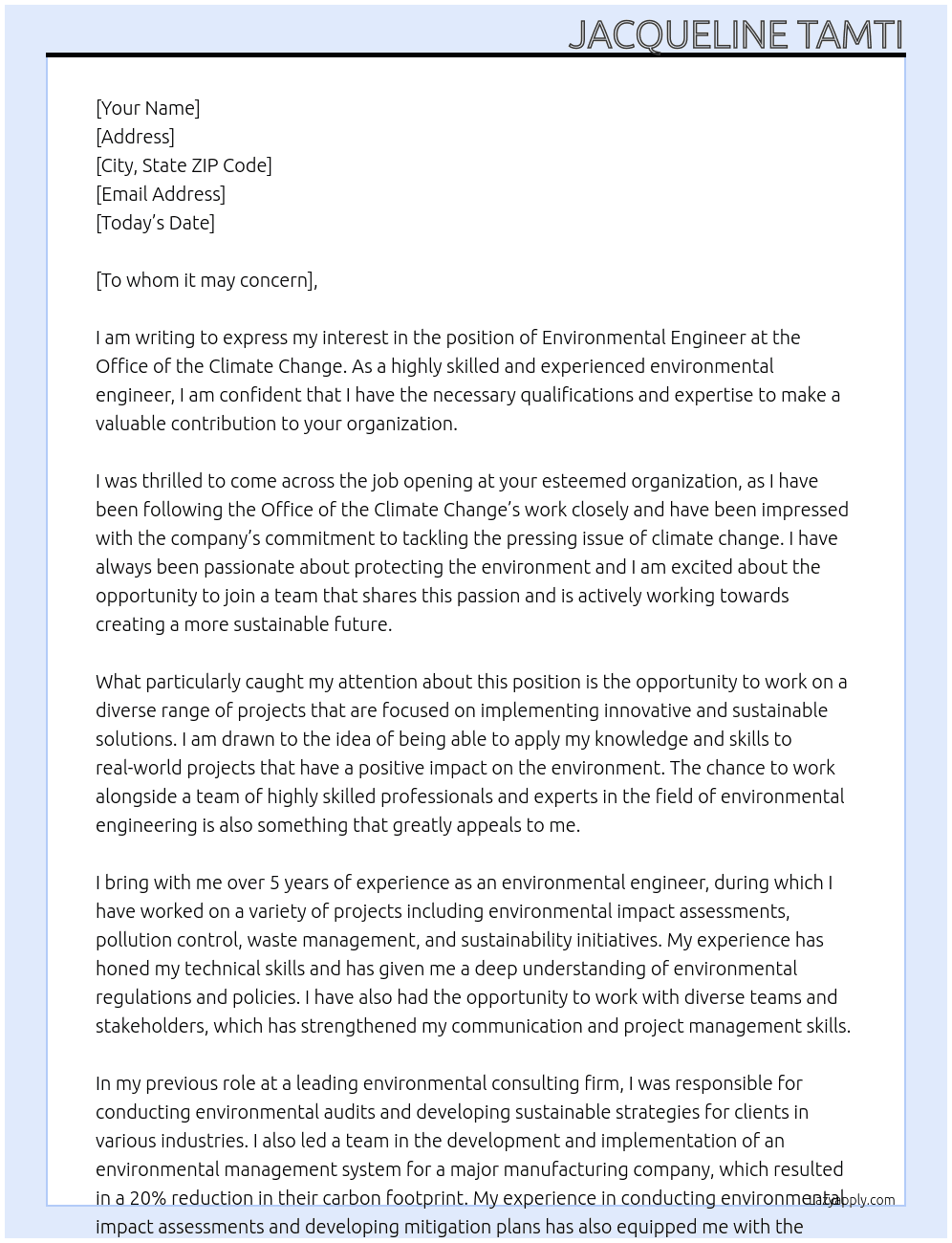 Environmental Engineer  At Office of the Climate Change Cover Letter