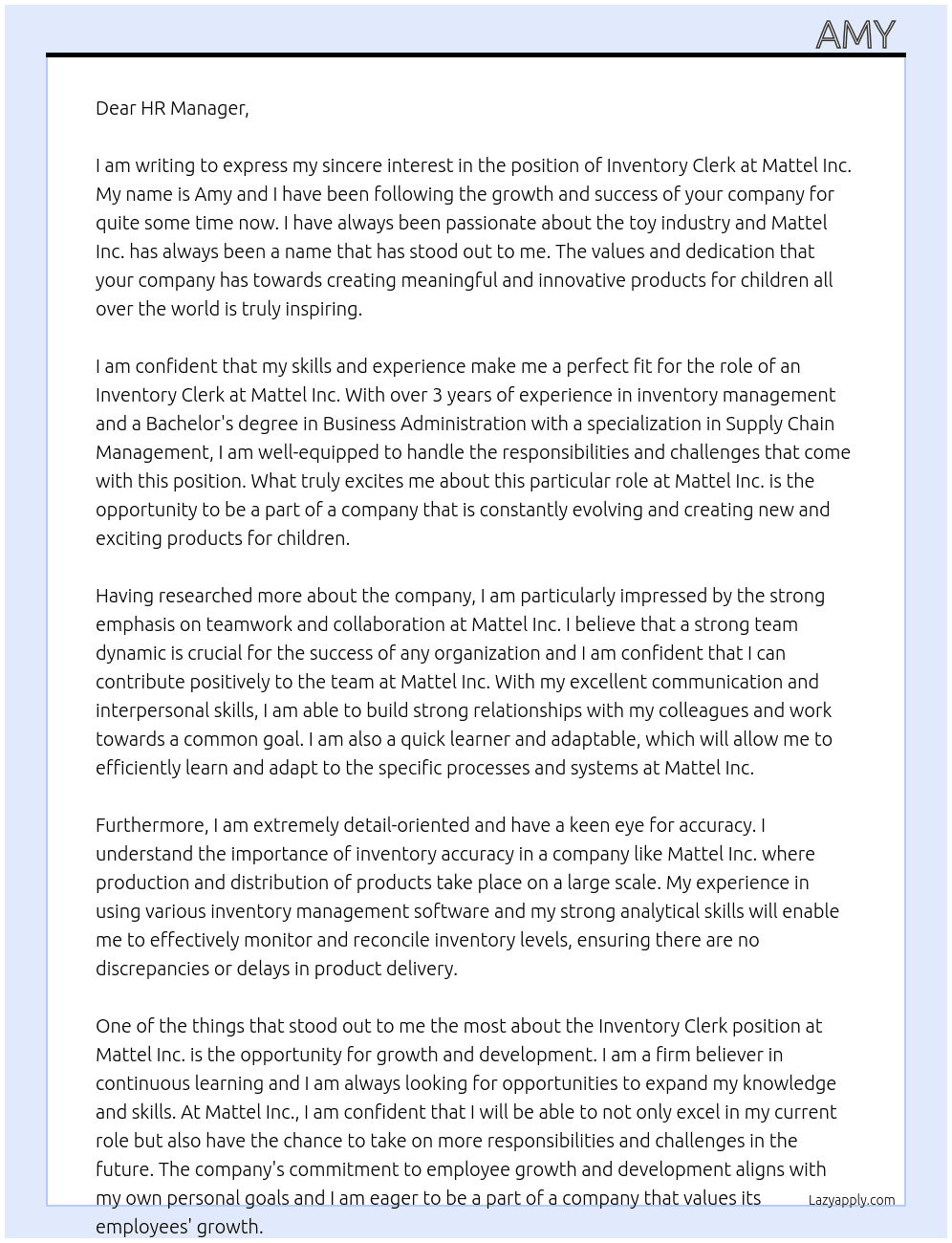 inventory clerk At Mattel Inc Cover Letter