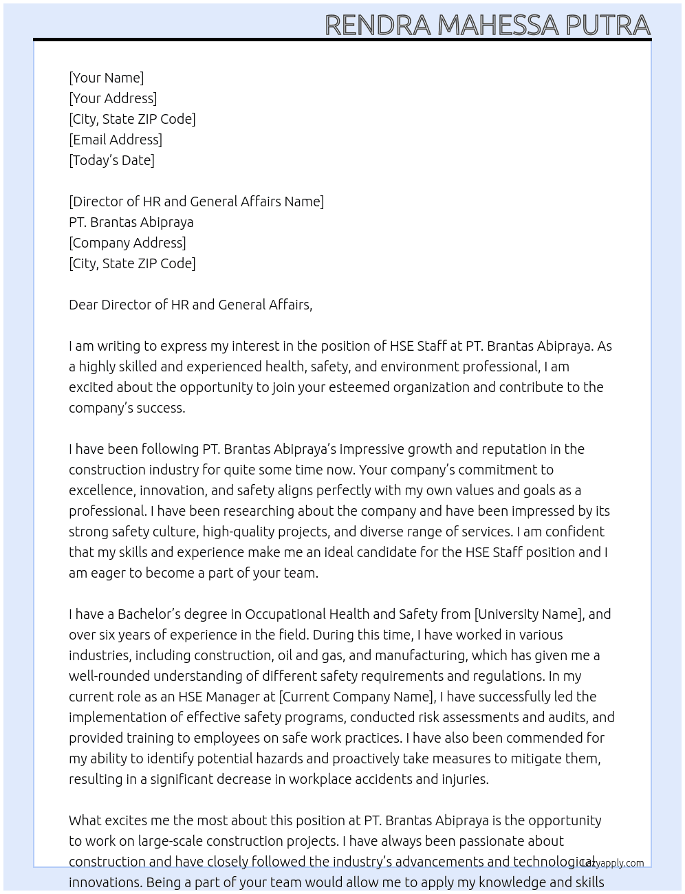 HSE Staff At PT. Brantas Abipraya Cover Letter
