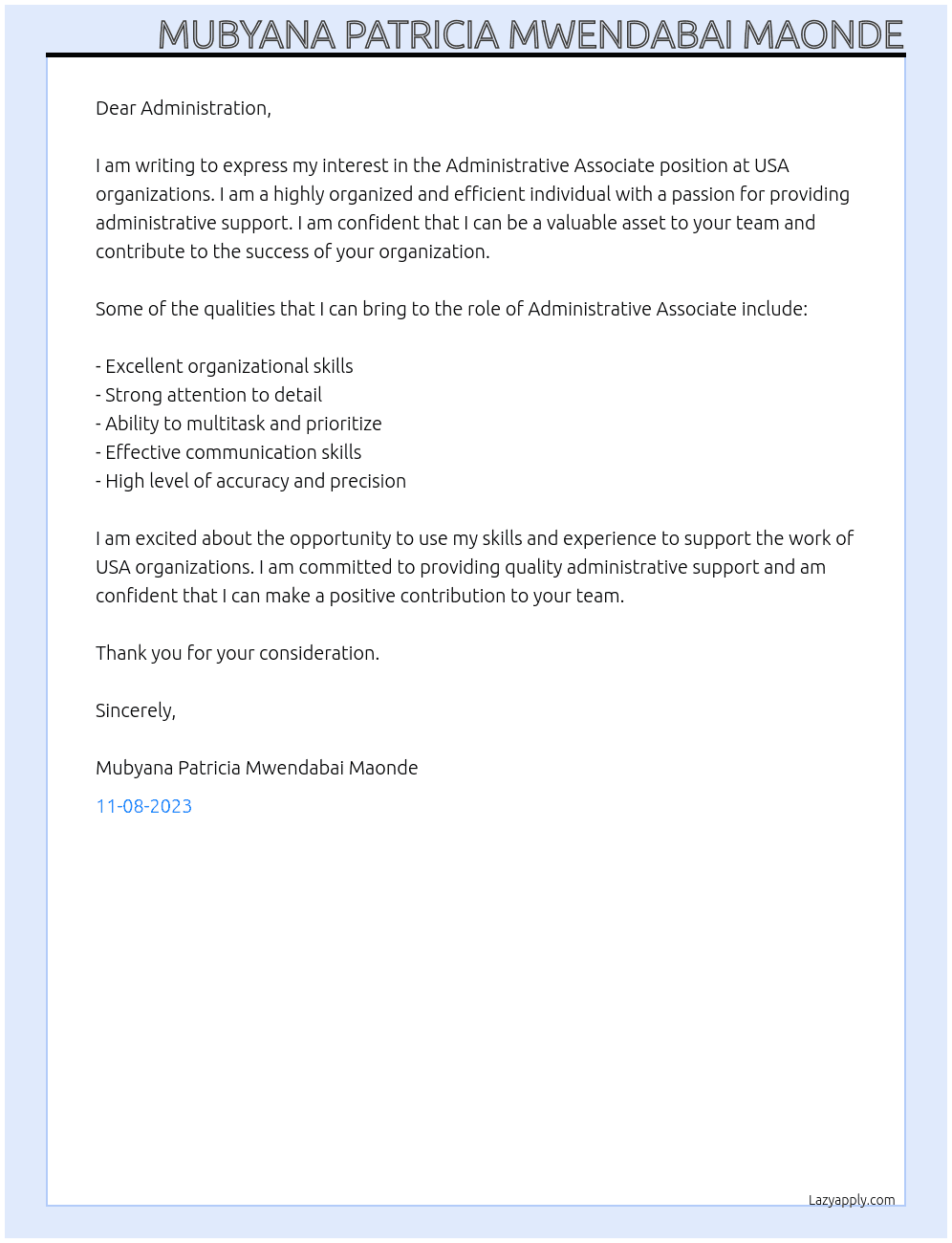 Administrative Associate At Administration Cover Letter