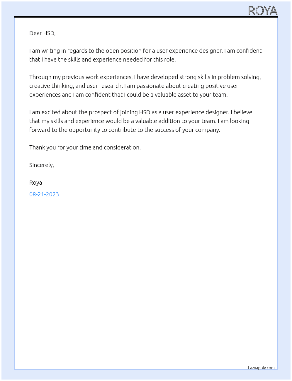user experience designer At hsd Cover Letter