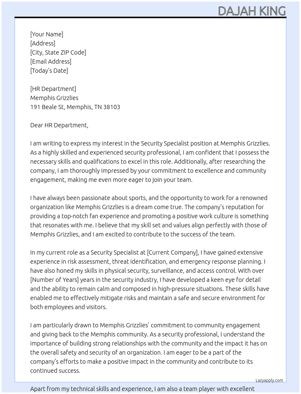 Security Specialist At Memphis Grizzlies Cover Letter