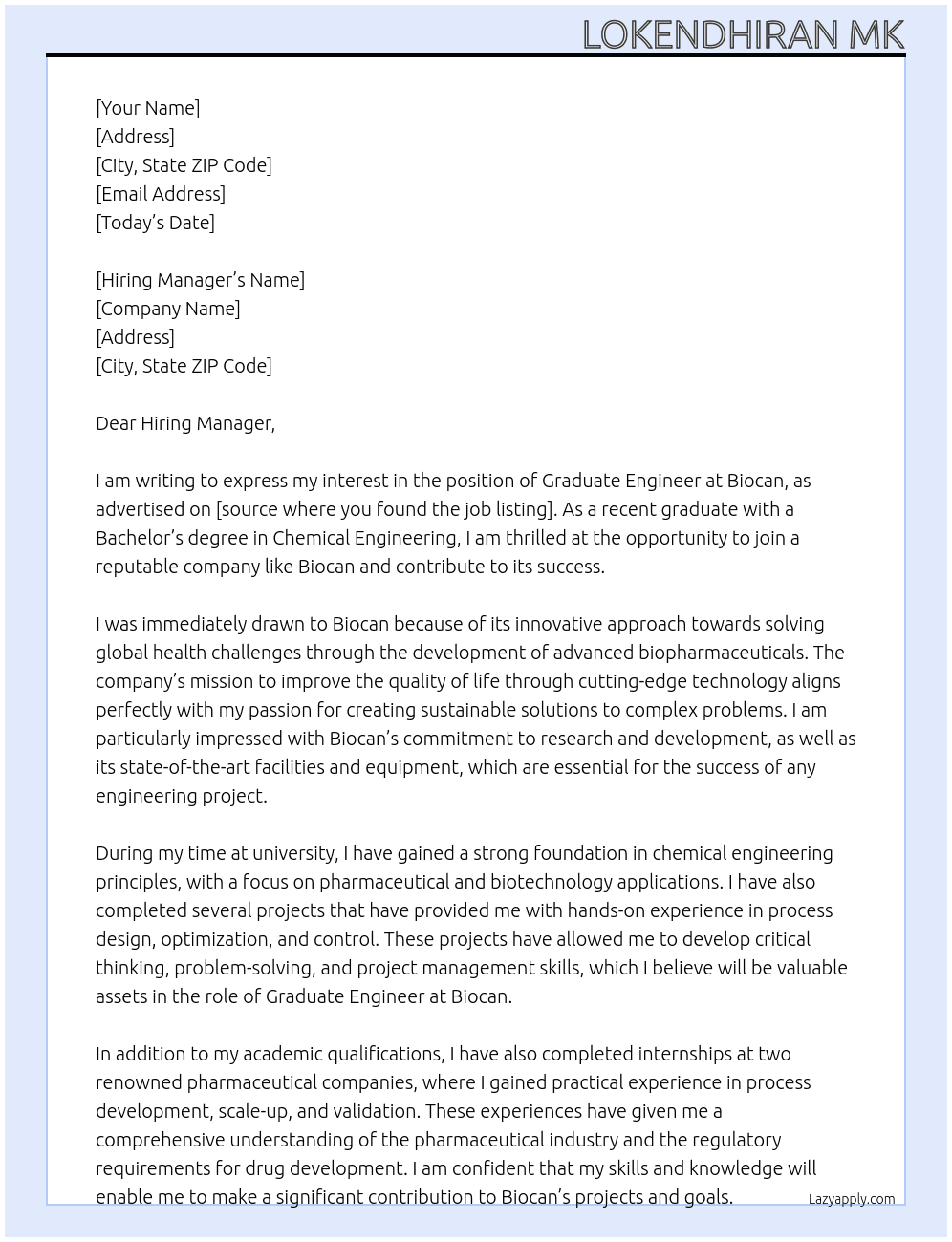 Graduate Engineer At Biocan Cover Letter