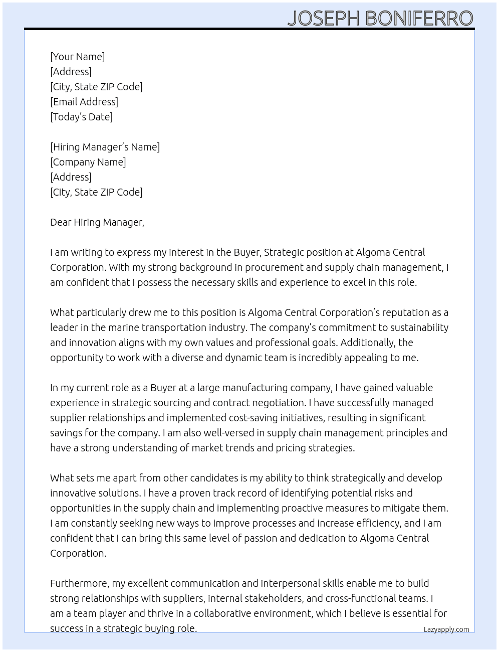 Buyer, Strategic At Algoma Central Corporation Cover Letter