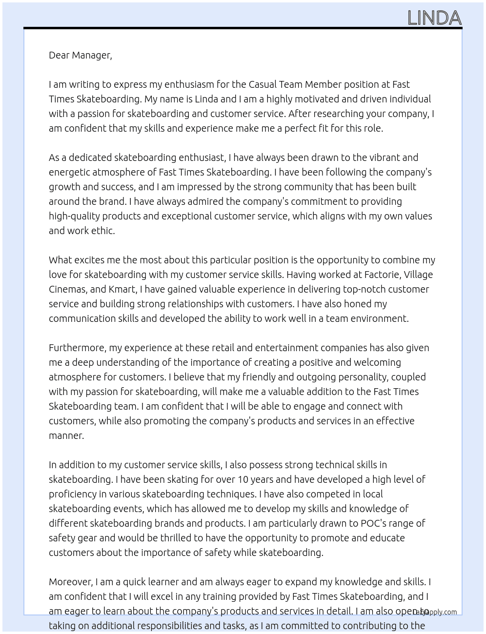 Casual Team Member At Fast Times Skateboarding  Cover Letter