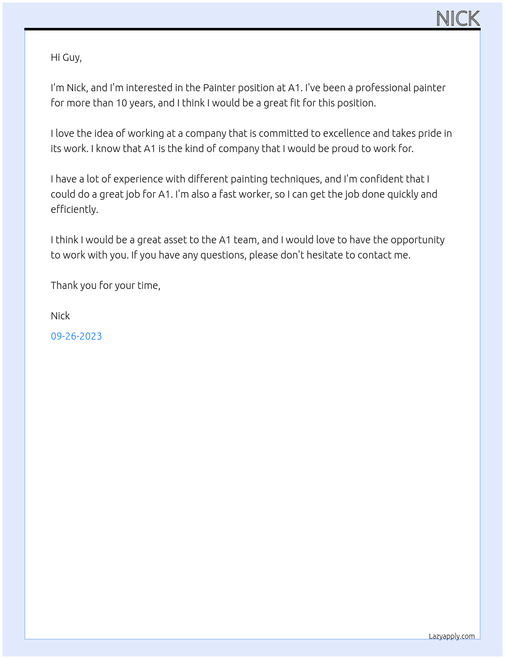 Painter At A1 Cover Letter