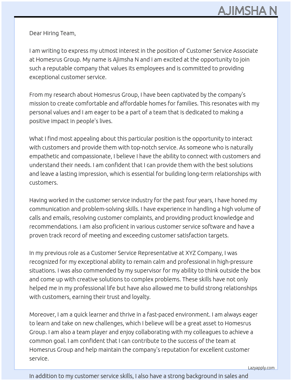 Customer Service Associate At Homesrus Group  Cover Letter
