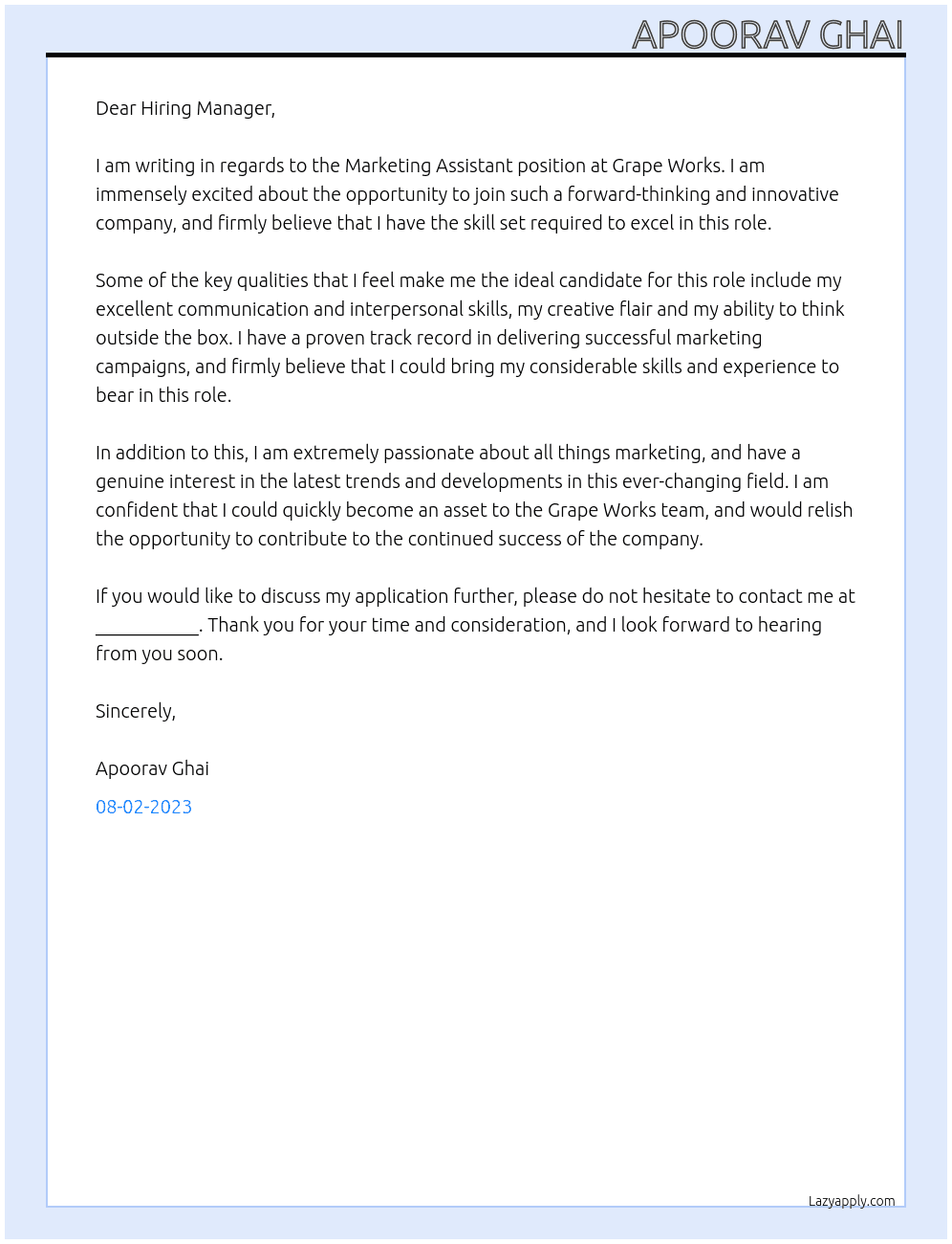 Marketing assistant At Employer detailsGrape Works Cover Letter