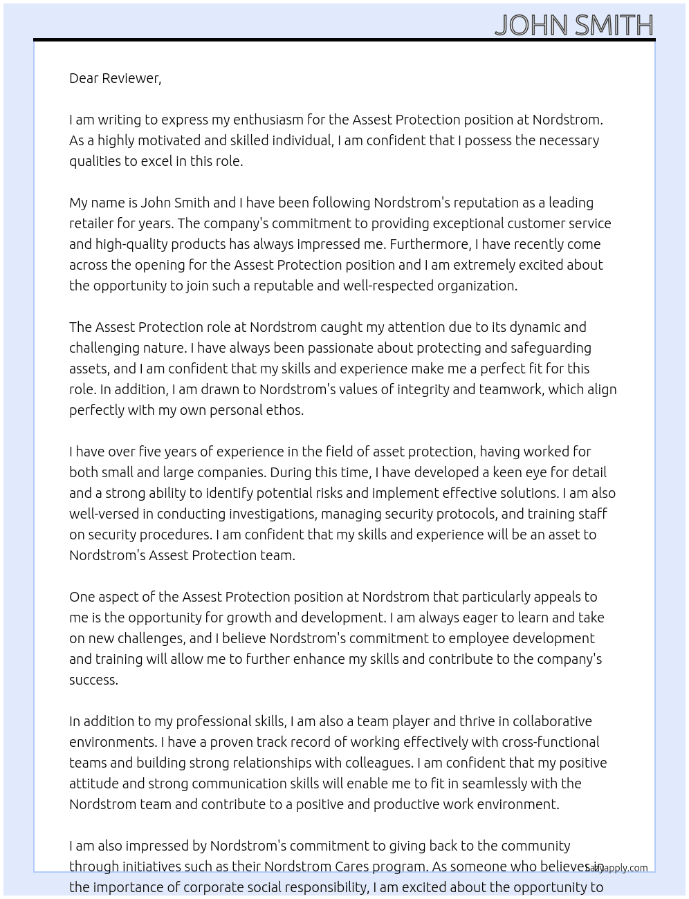 Assest Protection At Nordstrom Cover Letter