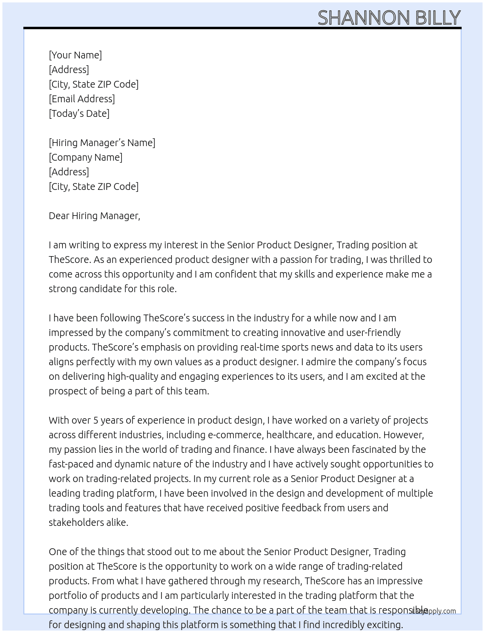 Senior Product Designer, Trading At TheScore Cover Letter