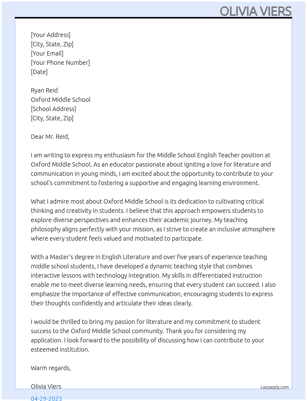 Middle School English Teacher At Oxford Middle School Cover Letter