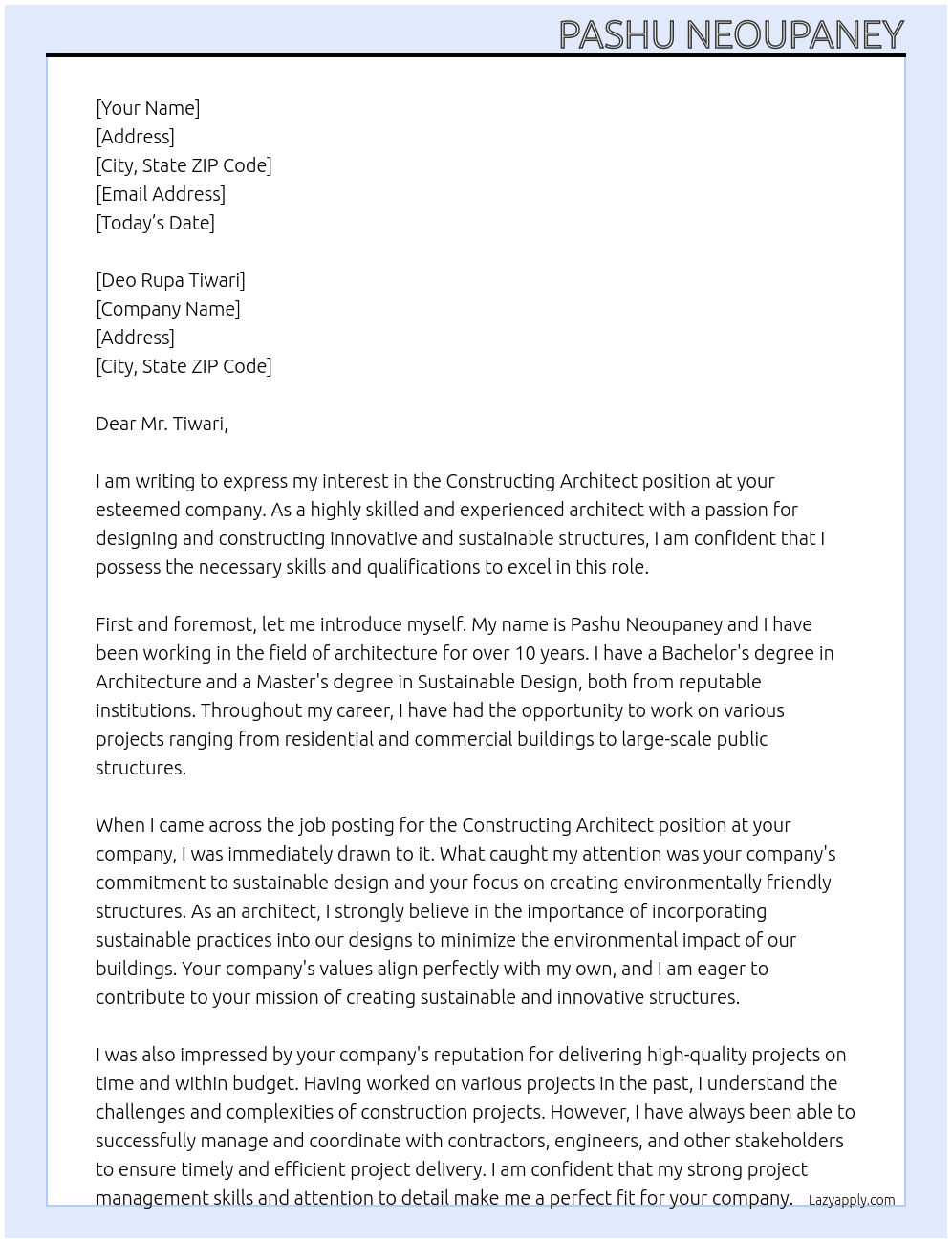 constructing architect At Deo Rupa Tiwari Cover Letter
