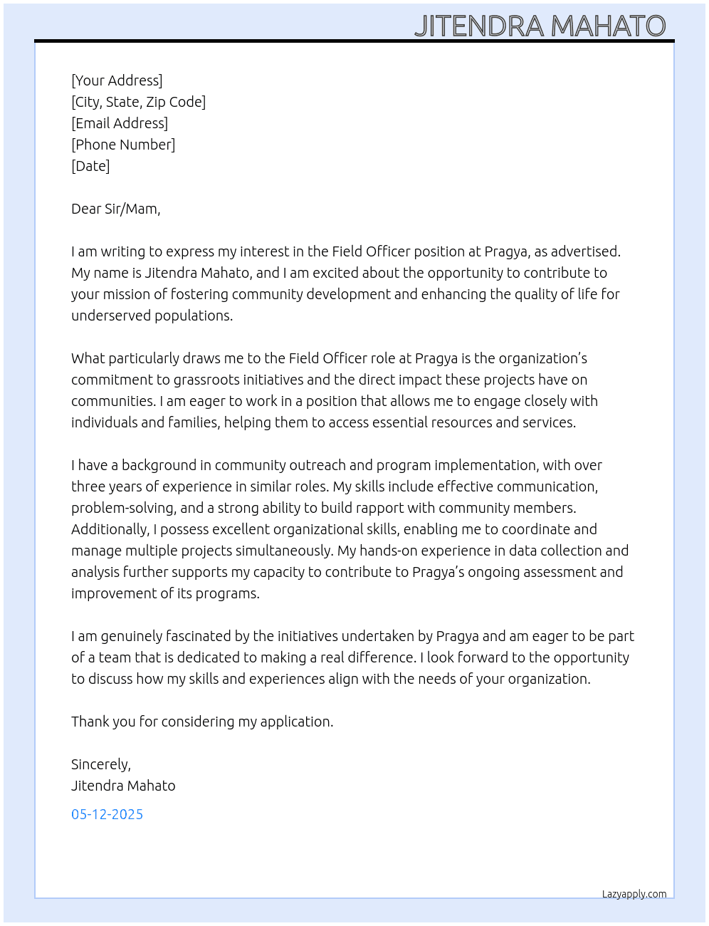 FIELD OFFICER  At PRAGYA  Cover Letter