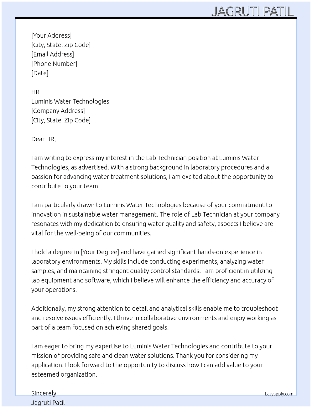 Lab technician  At Luminis water technologies  Cover Letter