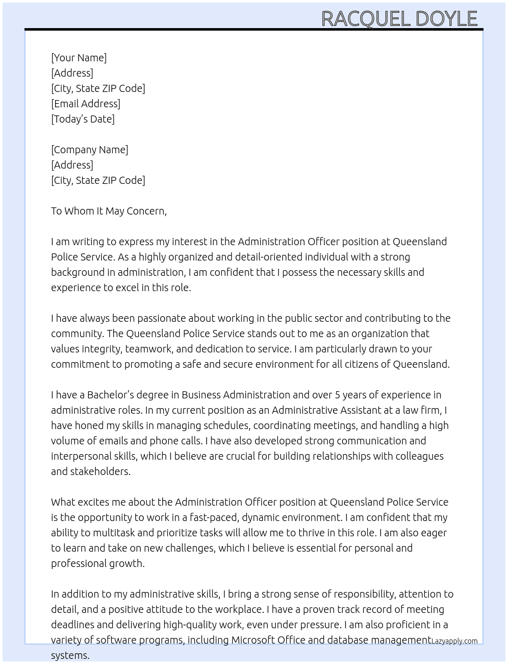Administration officer At Queensland Police Service  Cover Letter