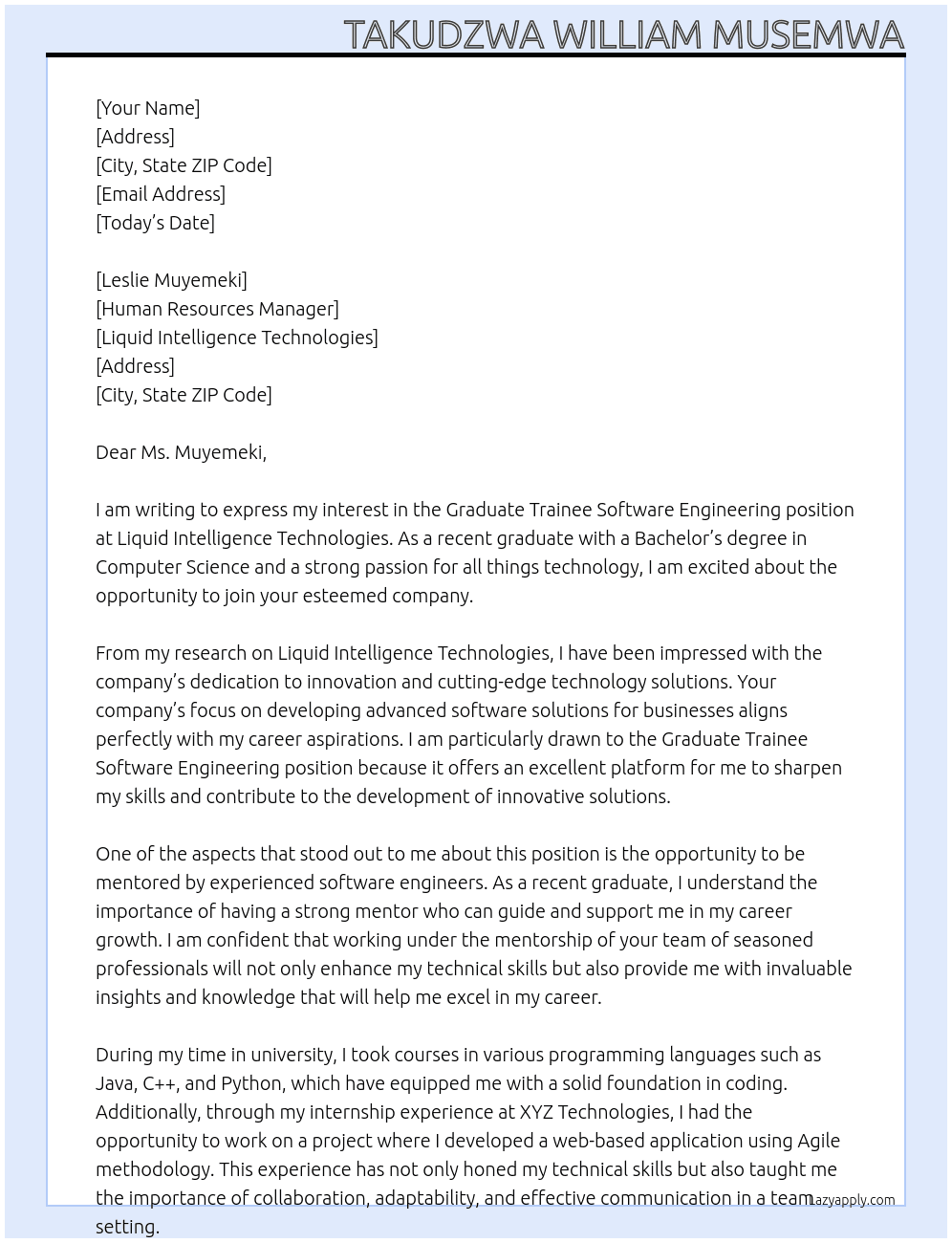 Graduate Trainee Software Engineering  At Liquid Intelligence Technologies  Cover Letter
