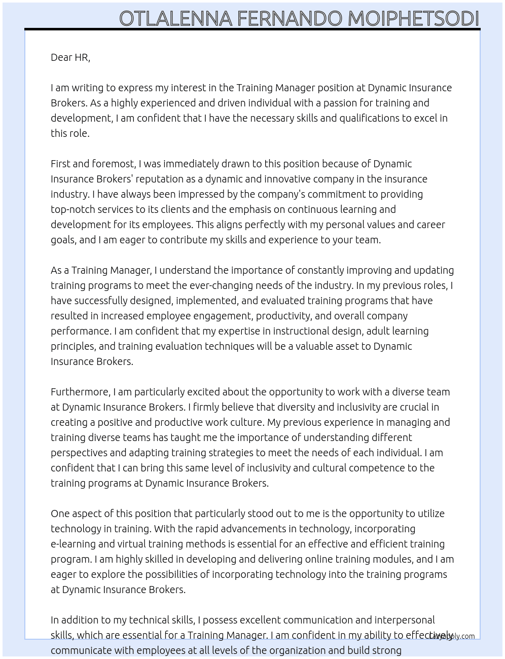 Training Manager At Dynamic Insurance Brokers Cover Letter