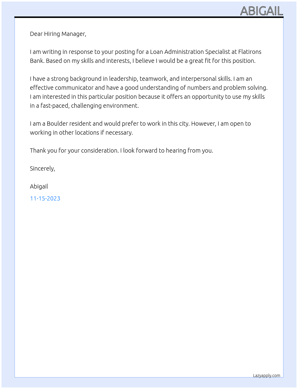 loan administration specialist At Flatirons Bank Cover Letter