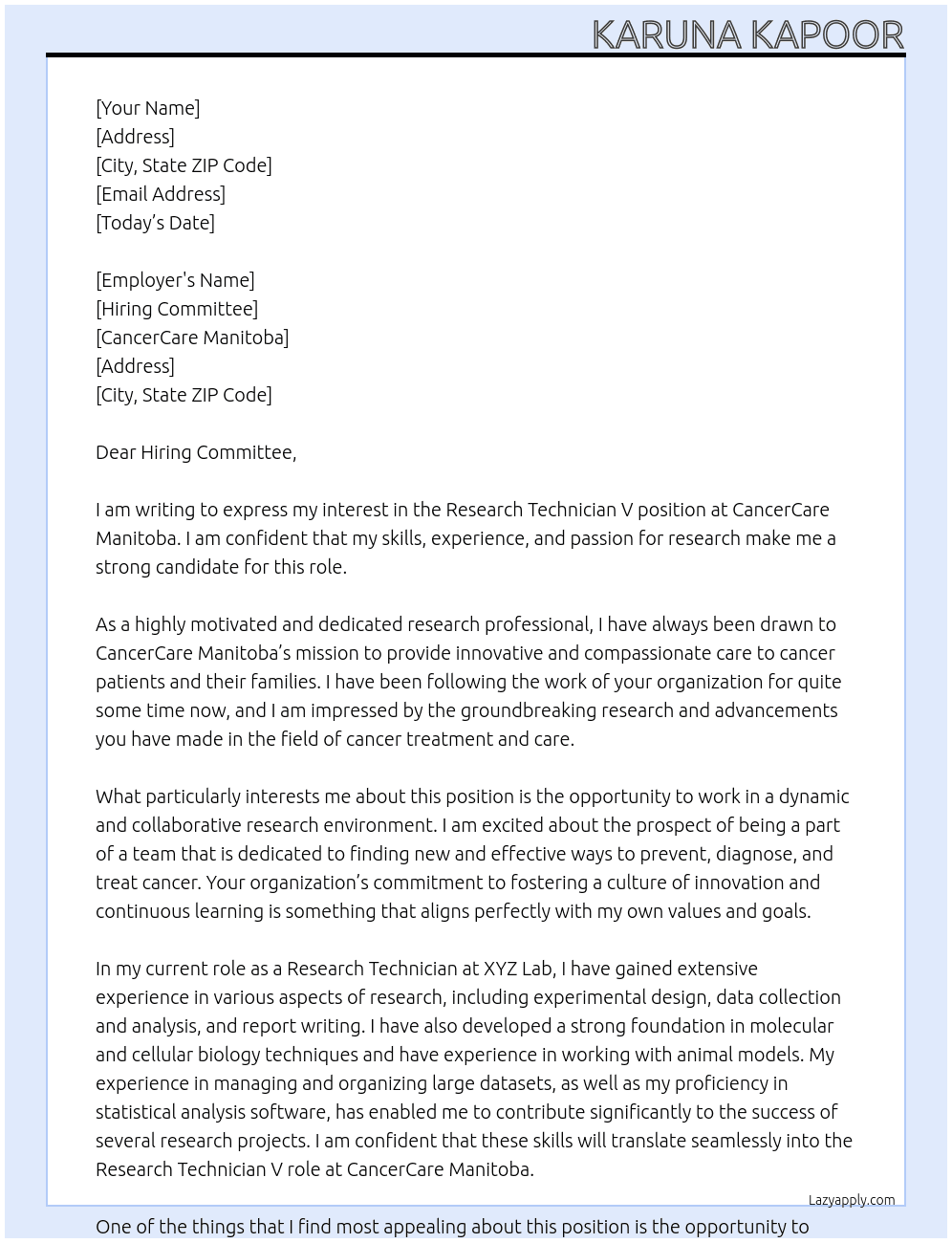Research Technician V At CancerCare Manitoba Cover Letter